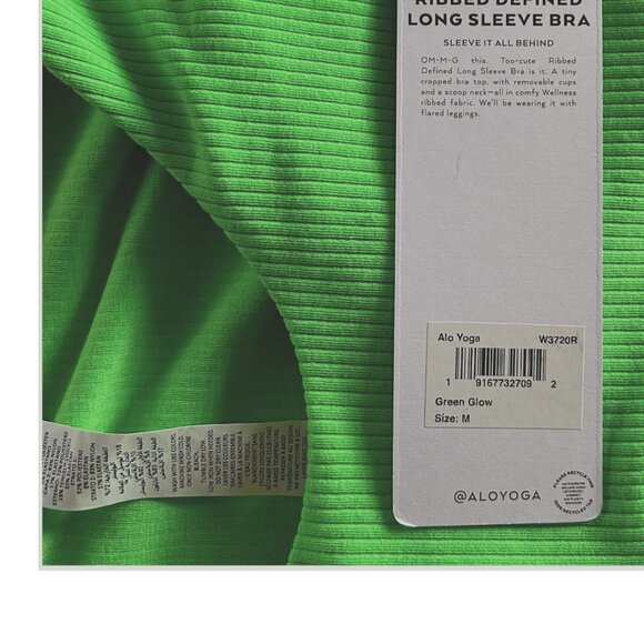 Alo Yoga Ribbed Defined Long Sleeve Bra Green Glow Rare Color M - Picture 9 of 9